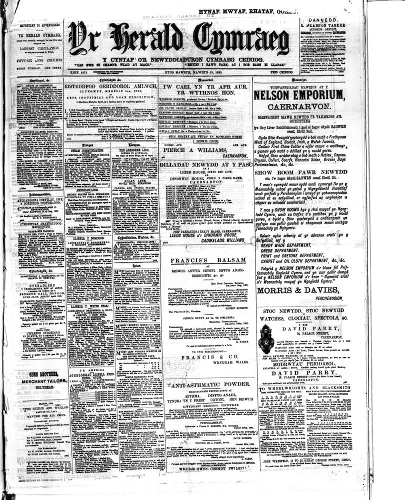 Front page of the Herald Cymraeg from 29 March 1892